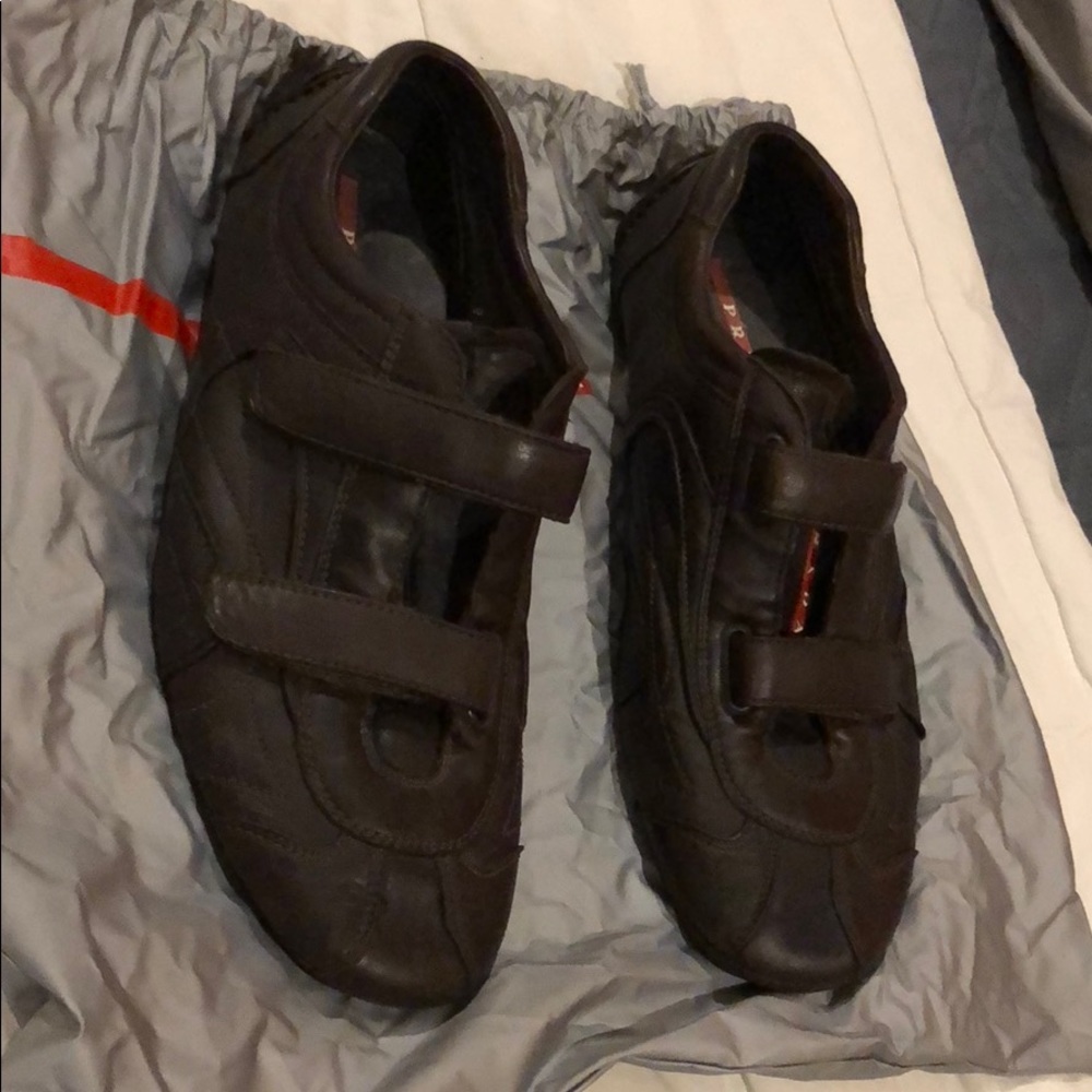 Brown Prada sneakers.